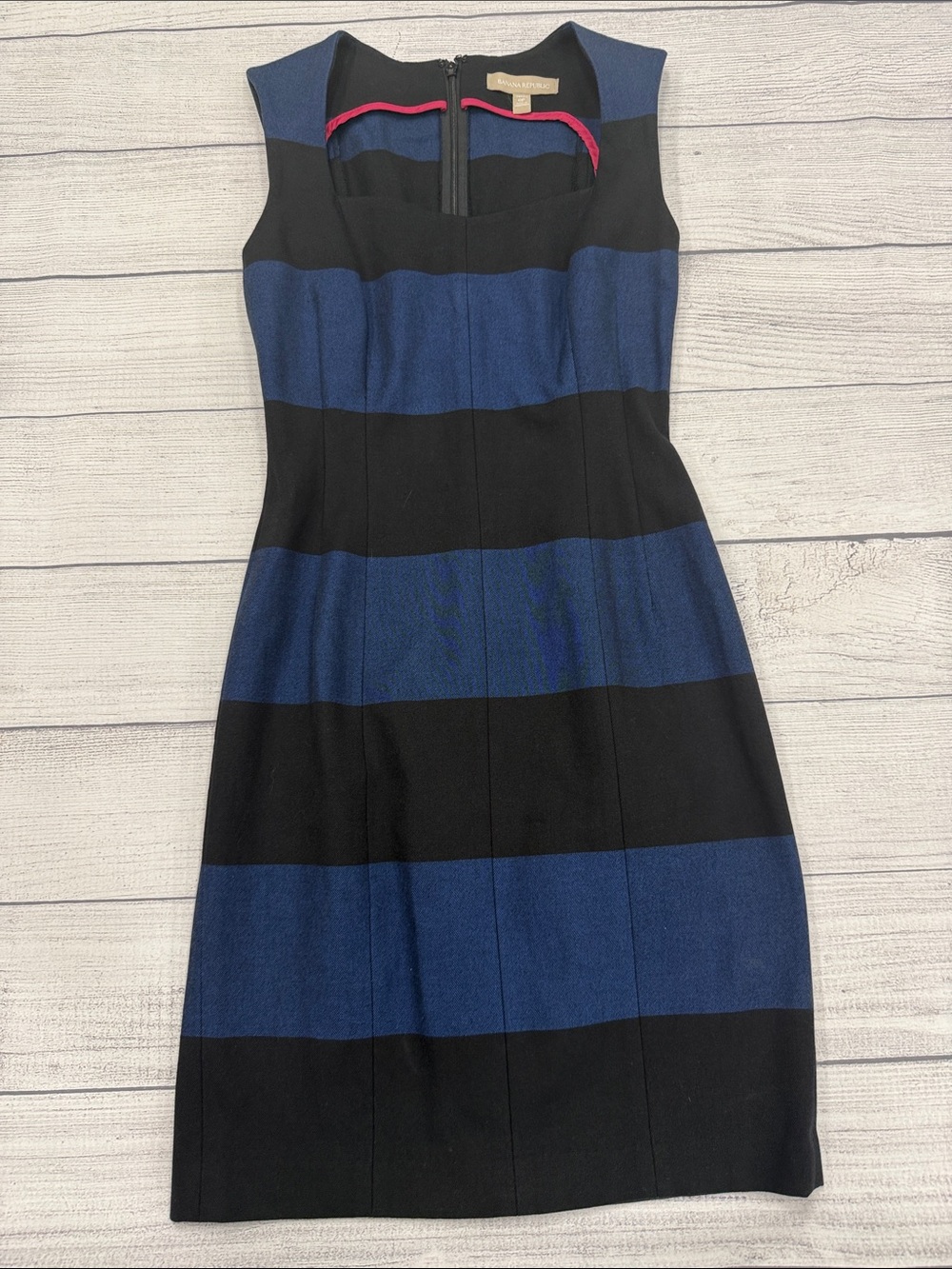 Banana Republic Navy Black Stripe Sheath Dress Petite 0P Sleeveless Career Midi